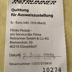 Rotrunner - Quittung für erfolgte Lieferung und Bezahlung.  Receipt for delivery and payment.