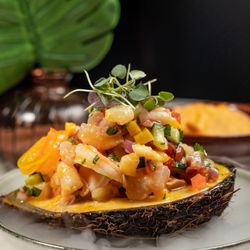 Marabu Restaurant - TROPICAL CEVICHE: Local fish & shrimp ceviche, mango, coconut, passion fruit, cilantro, tostones