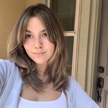 Salon Technique - Balayage with lots of layers, and curtain bangs! - Hair Salons Near Me - Fullerton, California