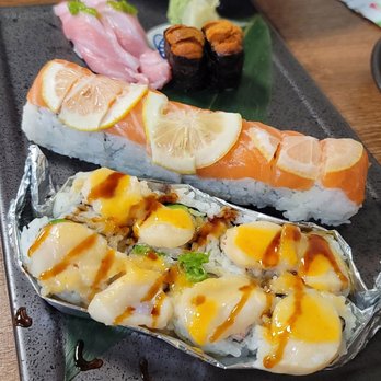 Mj Sushi - Tuna Nigiri & Hokkaido Uni Nigiri (Top Left to Right ) 49 Roll (Middle) Baked Scallop Roll (Bottom) - Sushi Bars Near Me - Danville, California Mj Sushi - Tuna Nigiri & Hokkaido Uni Nigiri (Top Left to Right ) 49 Roll (Middle) Baked Scallop Roll (Bottom) - Sushi Bars Near Me - Danville, California