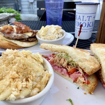 Salt + Smoke - Cherry Smoked Salmon Sandwich & S+S Double Bacon Cheeseburger (both with a side of White Cheddar Cracker Mac) - Barbeque Near Me - Saint Charles, Missouri Salt + Smoke - Cherry Smoked Salmon Sandwich & S+S Double Bacon Cheeseburger (both with a side of White Cheddar Cracker Mac) - Barbeque Near Me - Saint Charles, Missouri
