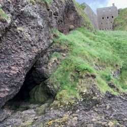 Dunnottar Castle - Beach below, castle above to the right.