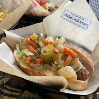 Rosamunde Sausage Grill - Chicken Habanero with Hot Peppers and Grilled Onions - German Near Me - San Francisco, California Rosamunde Sausage Grill - Chicken Habanero with Hot Peppers and Grilled Onions - German Near Me - San Francisco, California
