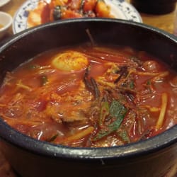 Ha Ru - Assorted Vegetables, slices of beef in a spicy broth soup - note that this dish comes with a bowl of rice