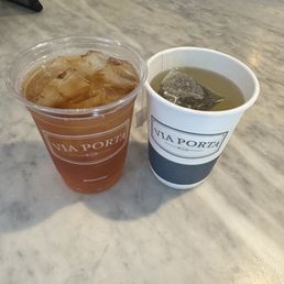 Via Porta - Our to-go teas, including my overpriced dinky, Iced Peach & Mint for $5 plus tax Via Porta - Our to-go teas, including my overpriced dinky, Iced Peach & Mint for $5 plus tax
