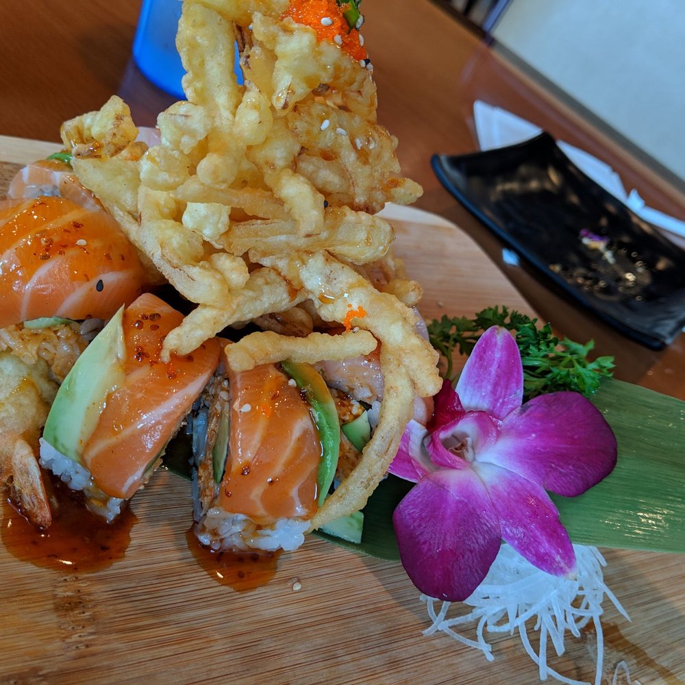 Amagi Sushi - Amagi Chef Special- spicy crab, avo, shrimp tempura, cucumber(in), salmon, yellowtail, avo(out) fried onions, massago, and soy mustard sauce - Sushi Bars Near Me - Riverside, California