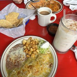 Huevos Rancheros and Chicken Enchiladas with homemade Horchata