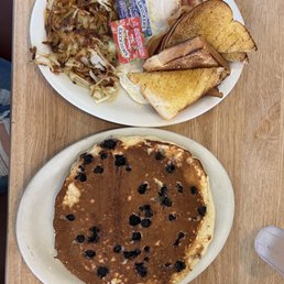 Eggs, Potato, Meat, & Toast + 1 Blueberry Pancake. Eggs, Potato, Meat, & Toast + 1 Blueberry Pancake.
