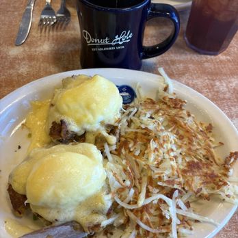 Donut Hole Bakery Cafe - Crab Benedict: if you wonder the crab is not lump meat, it's more like a minced crab cake inside the egg, but still super good. - Donuts Near Me - Destin, Florida Donut Hole Bakery Cafe - Crab Benedict: if you wonder the crab is not lump meat, it's more like a minced crab cake inside the egg, but still super good. - Donuts Near Me - Destin, Florida