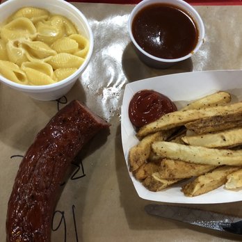 Hard Eight BBQ - Mac and cheese, fries, and sausage - Barbeque Near Me - Stephenville, Texas