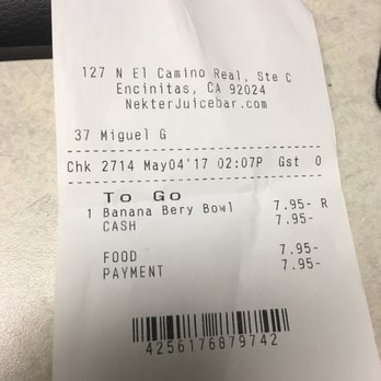 Nekter Juice Bar - My receipt. Not what what I paid - Juice Bars & Smoothies Near Me - Encinitas, California Nekter Juice Bar - My receipt. Not what what I paid - Juice Bars & Smoothies Near Me - Encinitas, California