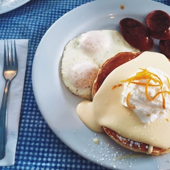 Moke's Bread & Breakfast - Lilikoi pancakes, eggs and Portuguese sausages! - Breakfast & Brunch Near Me - Kailua, Hawaii