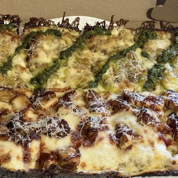 A Guy and His Pie - Half special pesto Mac and half BBQ chicken. - Pizza Near Me - Pawtucket, Rhode Island