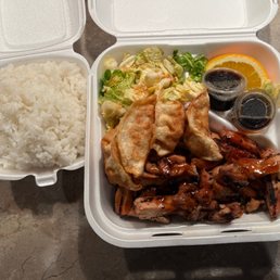 The teriyaki chicken and gyoza combo meal. The teriyaki chicken and gyoza combo meal.