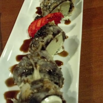 Sushi World - Green Tea Tempura Roll dra-izzled with chocolate and with strawberries - Sushi Bars Near Me - Cypress, California