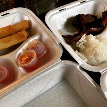 Kealoha's Kitchen - Bento box with rice and pineapple teriyaki short ribs and an order of lumpias - Hawaiian Near Me - Covington, Kentucky