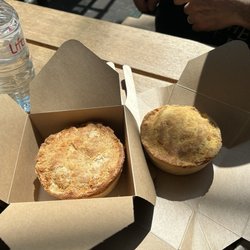 Pieminister - Chicken, ham and Leek on the left, moo and blue pie on the right. So good... definitely try this if you come to the market!