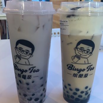 Bingo Tea - (From left to right) purple yam milk tea, and Oreo milk tea with a milk cap. - Bubble Tea Near Me - Homer Glen, Illinois Bingo Tea - (From left to right) purple yam milk tea, and Oreo milk tea with a milk cap. - Bubble Tea Near Me - Homer Glen, Illinois