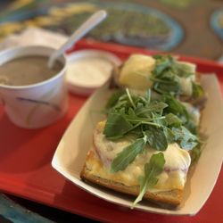 Soup's On - Creamy Red Potato with sirloin steak and Oven-Roasted Turkey w/Swiss Cheese sandwich
