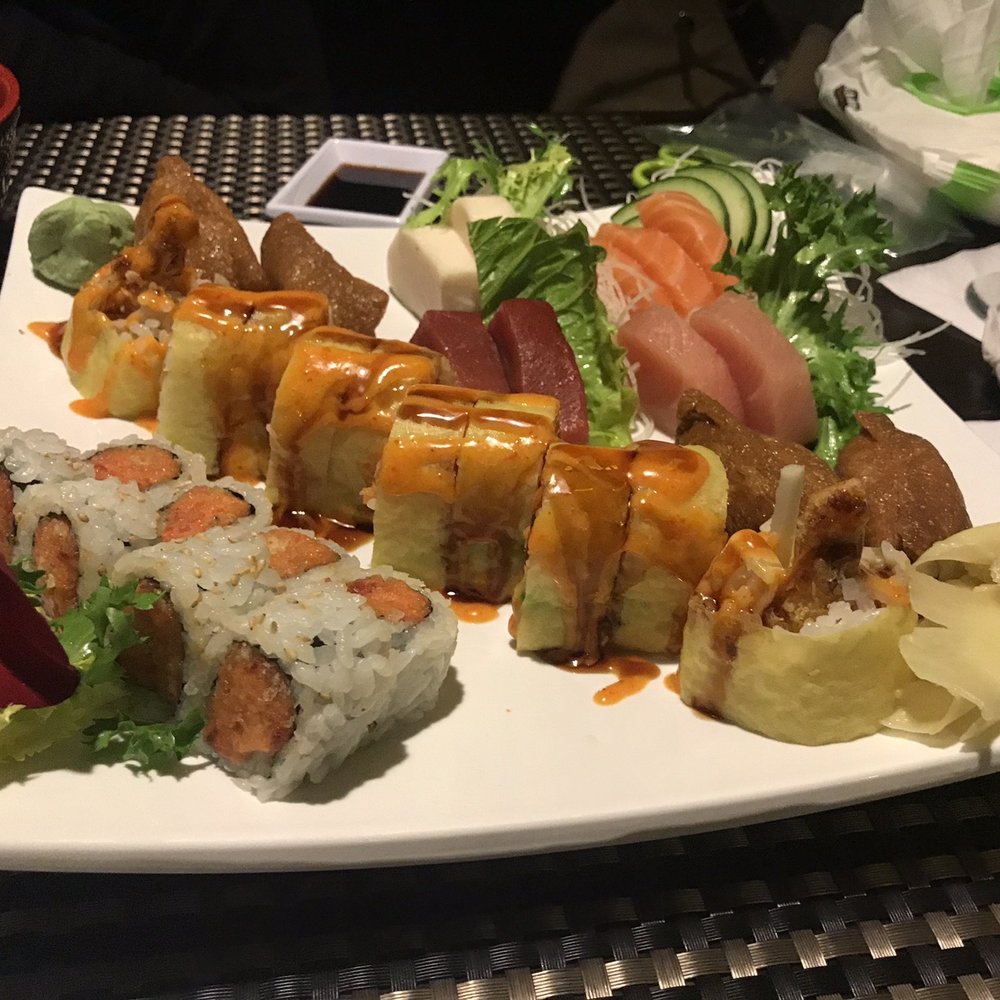 Tasty Sushi - A lovely plate (Spicy Tuna Roll, Happy Roll, 9 Piece Sashimi Tasty, Tofu Skin) - Japanese Near Me - Cary, Illinois Tasty Sushi - A lovely plate (Spicy Tuna Roll, Happy Roll, 9 Piece Sashimi Tasty, Tofu Skin) - Japanese Near Me - Cary, Illinois