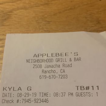 Applebee's Grill + Bar - Receipt - American Near Me - El Cajon, California Applebee's Grill + Bar - Receipt - American Near Me - El Cajon, California