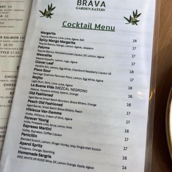 Brava Garden Eatery - Cocktail menu. You can ask for drinks mocktail style. - Wine Bars Near Me - Pleasanton, California