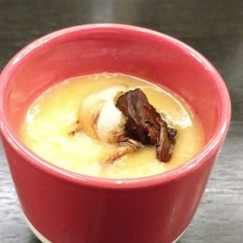 Water's Table - Amuse buche.  Potato leak soup.  Good but salty - New American Near Me - Renton, Washington