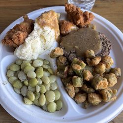 Southern Star - Hamburger steak, chicken tenders, okra,limas and mashed potatoes