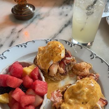 Loch Bar - lobster benedict, secret garden cocktail, and seafood omelette in the back. - Seafood Near Me - Houston, Texas