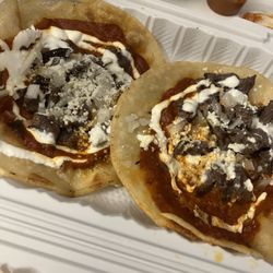 Sabor Familiar - Chalupas with red sauce ( can also get with green sauce instead, green less spicy but just as good )