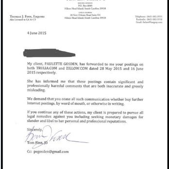 Charter One Realty - Paulette's attorney-friend sends a threatening letter for the sole purpose of intimidating. Does not follow up. - Real Estate Services Near Me - Hilton Head Island, South Carolina Charter One Realty - Paulette's attorney-friend sends a threatening letter for the sole purpose of intimidating. Does not follow up. - Real Estate Services Near Me - Hilton Head Island, South Carolina