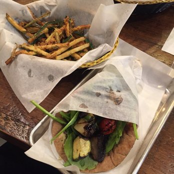 Yeeroh - Vegetable Slouvaki in wheat pita sandwich w/ zucchini fries on side - Greek Near Me - Philadelphia, Pennsylvania Yeeroh - Vegetable Slouvaki in wheat pita sandwich w/ zucchini fries on side - Greek Near Me - Philadelphia, Pennsylvania