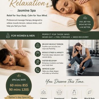 Jasmine Spa LLC - Happy Father's Day! Come try our special Father's Day promotions for the wonderful Fathers! Limited time only. - Massage Near Me - Herndon, Virginia Jasmine Spa LLC - Happy Father's Day! Come try our special Father's Day promotions for the wonderful Fathers! Limited time only. - Massage Near Me - Herndon, Virginia