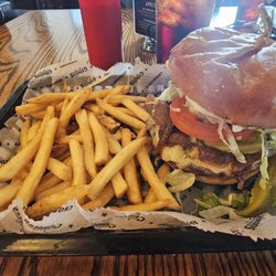 Grinders Above and Beyond - Mushroom Swiss Burger with fries