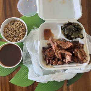 Photo of Bowlegged BBQ - San Diego, CA, United States. rib tips with 1 side, dirty rice, sauce, collard greens