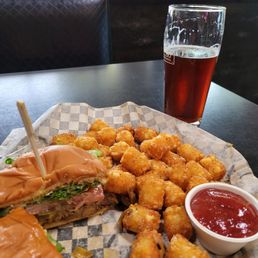 Impossible burger with caramelized onions. Tots. Red ale. Yum!!