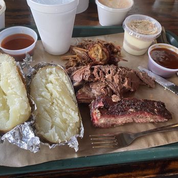 Hard Eight BBQ - Baked Potato, pinto beans, rib, Brisket, pulled pork, bbq sauce, Mac and cheese, banana pudding. - Barbeque Near Me - Coppell, Texas
