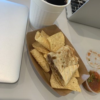 Driftwood Coffee - Shredded beef burrito (after I ate half ) and chips with a simple coffee! - Coffee & Tea Near Me - Peoria, Arizona