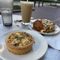 Mademoiselle Louise - Goat cheese quiche, almond chocolate cream croissant, vanilla and lavender iced latte