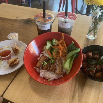 Budacai - Pork Belly Bowl, popcorn chicken and crab Rangoon - Asian Fusion Near Me - Raleigh, North Carolina