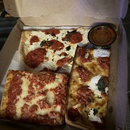 Upside Down Sicilian Pie, grandma slice, Margherita slice Upside Down Sicilian Pie, grandma slice, Margherita slice