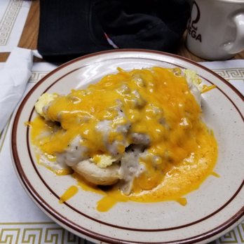 Omega Pancake House - Country Bowl with sausage, scrambled eggs, a biscuit, smothered in gravy and cheddar cheese. - Breakfast & Brunch Near Me - Surfside Beach, South Carolina