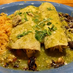 Two enchiladas, substitute salsa verde for the normal red sauce Two enchiladas, substitute salsa verde for the normal red sauce