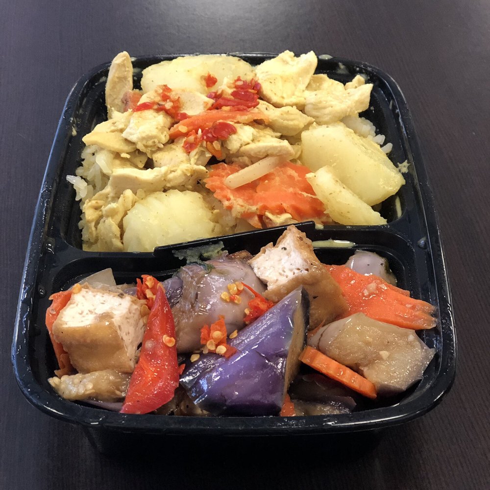 2 Two Items Combo Lunch with Steamed Jasmine Rice, Basil Eggplant with Tofu, and Yellow Curry Chicken