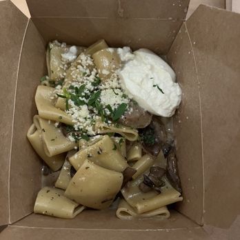 Due' Cucina - Redmond - Mushroom and White Truffle Oil with Paccheri, topped with Homemade Pork Sausage and Burrata Cheese - Italian Near Me - Redmond, Washington Due' Cucina - Redmond - Mushroom and White Truffle Oil with Paccheri, topped with Homemade Pork Sausage and Burrata Cheese - Italian Near Me - Redmond, Washington