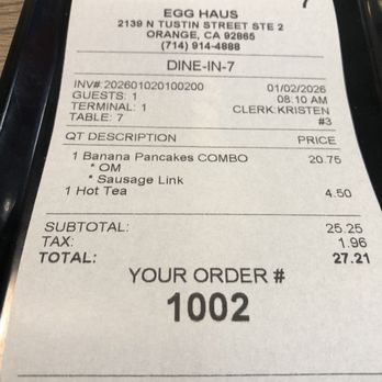 Egg Haus - Check for a banana pancake combo (2 pancakes) and a hot tea. - Breakfast & Brunch Near Me - Orange, California