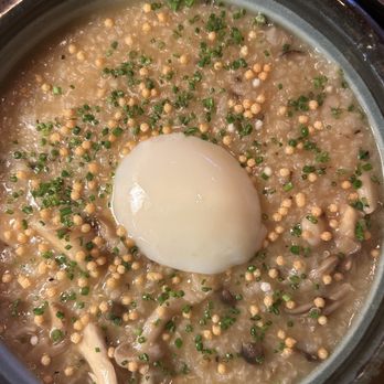 Yoli Bend - Juk - mushroom rice porridge, runny egg, black vinegar, chives - Korean Near Me - Bend, Oregon