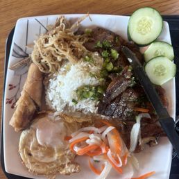 Hoiana Signature Broken Rice, Com Tam, Grilled Pork Chop Shredded Pork Eggroll & Omelet