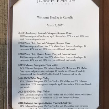 Joseph Phelps Vineyards - Private tasting menu (1 of 2) - Wineries Near Me - Saint Helena, California Joseph Phelps Vineyards - Private tasting menu (1 of 2) - Wineries Near Me - Saint Helena, California