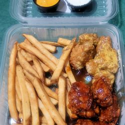 It's Just Wings - Boneless wings with fries. Ranch and fry sauce dips.